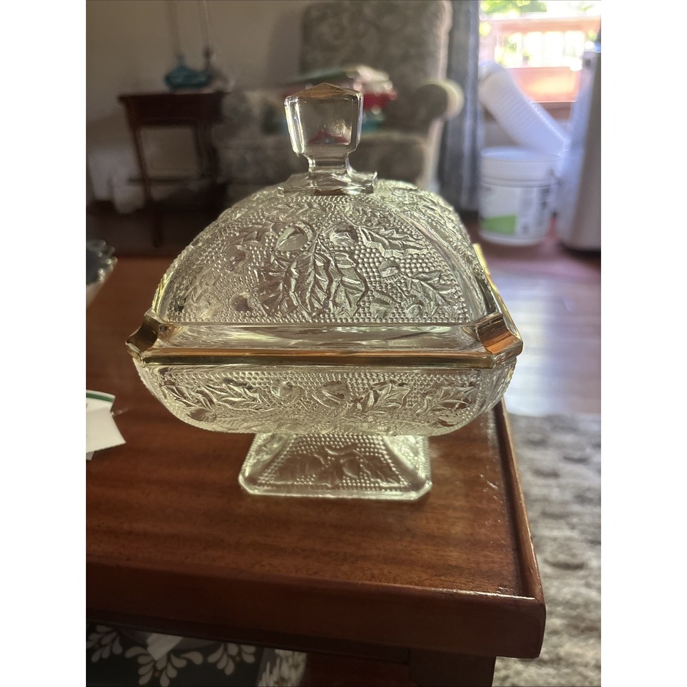 Vintage Jeannette Glass Acorn/Oak Leaf Candy Dish w/Lid Clear w/Gold Accents
